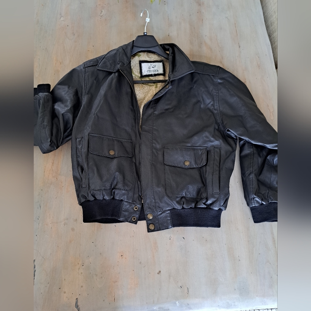 Black leather bomber jacket